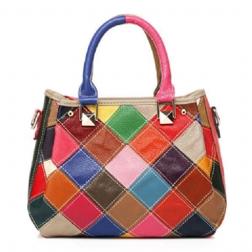 Damen Patchwork Rindsleder Bunte Handtasche Tote Handtasche Umhängetasche