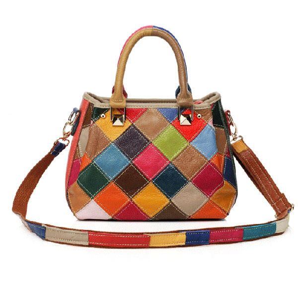 Damen Patchwork Rindsleder Bunte Handtasche Tote Handtasche Umhängetasche