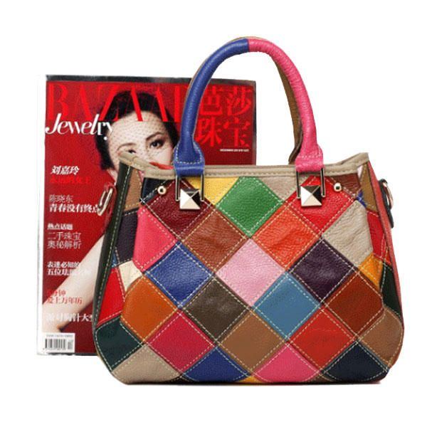 Damen Patchwork Rindsleder Bunte Handtasche Tote Handtasche Umhängetasche