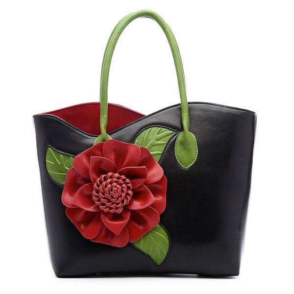 Damen Pu Leder Blumen Dekoration Elegante Handtasche Sling Bag National Style Tote Bag