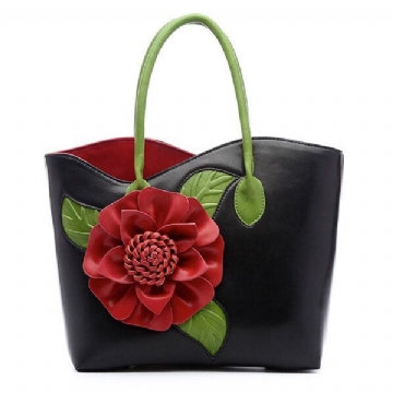 Damen Pu Leder Blumen Dekoration Elegante Handtasche Sling Bag National Style Tote Bag