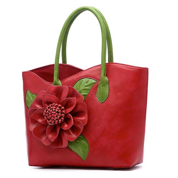 Damen Pu Leder Blumen Dekoration Elegante Handtasche Sling Bag National Style Tote Bag