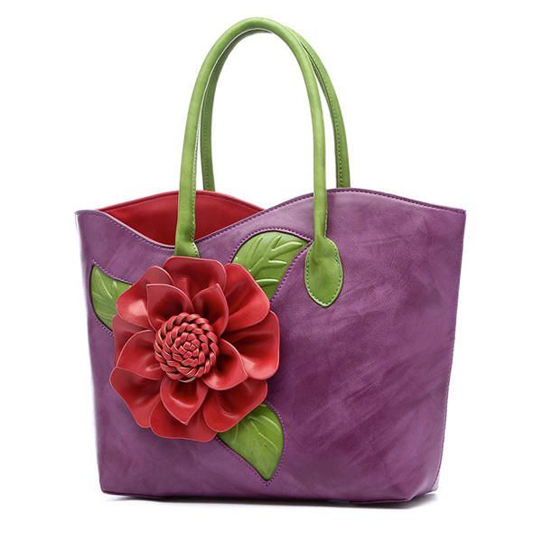 Damen Pu Leder Blumen Dekoration Elegante Handtasche Sling Bag National Style Tote Bag