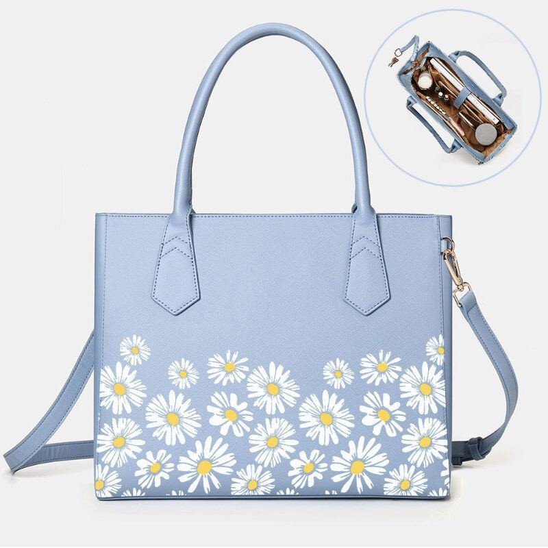 Damen Pu Leder Gänseblümchen Multifunktions Multi Pocket 13.3 Zoll Laptop Schlüsselhandtasche Umhängetasche