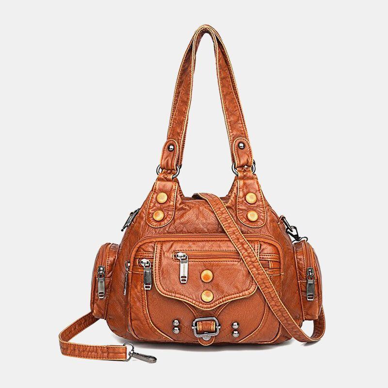 Damen Pu Leder Große Kapazität Multi Pocket Nieten Dekoration Retro Soft Tote Handtaschen Crossbody Taschen