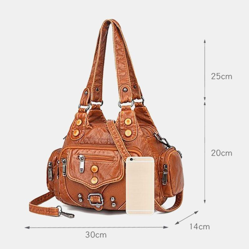 Damen Pu Leder Große Kapazität Multi Pocket Nieten Dekoration Retro Soft Tote Handtaschen Crossbody Taschen