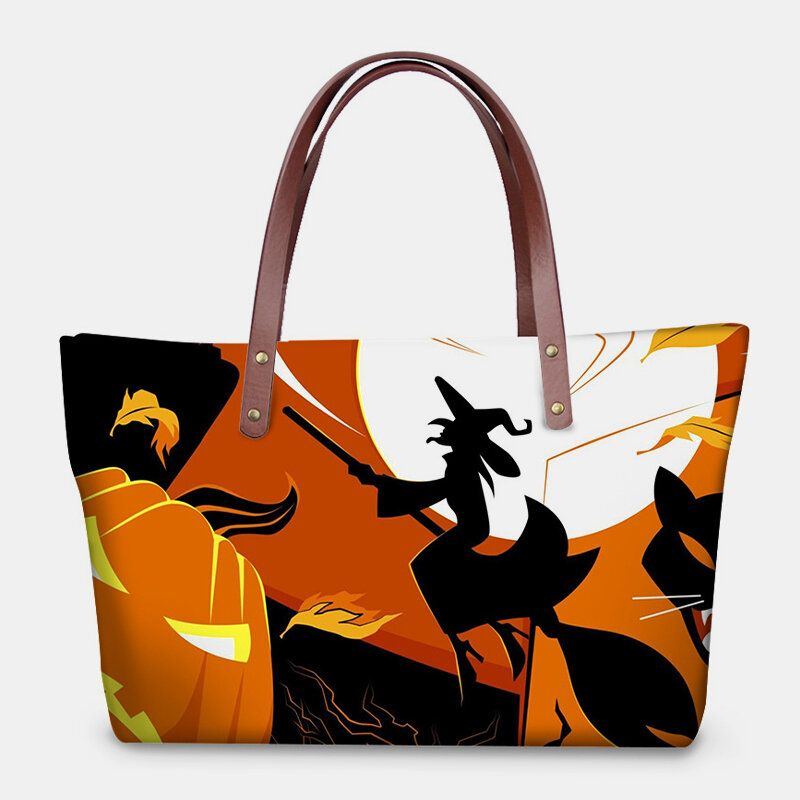 Damen Pu Leder Neopren Halloween Stil Kürbis Totenkopf Festival Muster Große Kapazität Mom Bag Student Bag Umhängetasche Handtasche