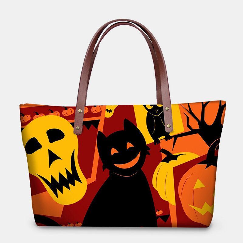 Damen Pu Leder Neopren Halloween Stil Kürbis Totenkopf Festival Muster Große Kapazität Mom Bag Student Bag Umhängetasche Handtasche