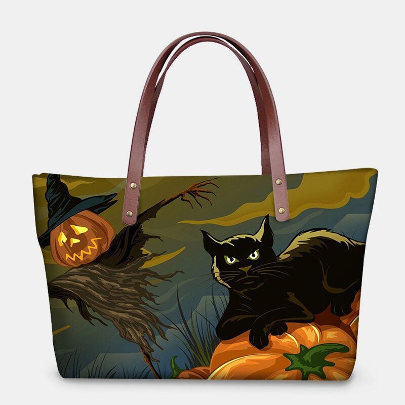 Damen Pu Leder Neopren Halloween Stil Kürbis Totenkopf Festival Muster Große Kapazität Mom Bag Student Bag Umhängetasche Handtasche