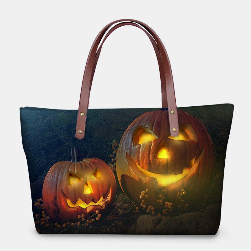 Damen Pu Leder Neopren Halloween Stil Kürbis Totenkopf Festival Muster Große Kapazität Mom Bag Student Bag Umhängetasche Handtasche