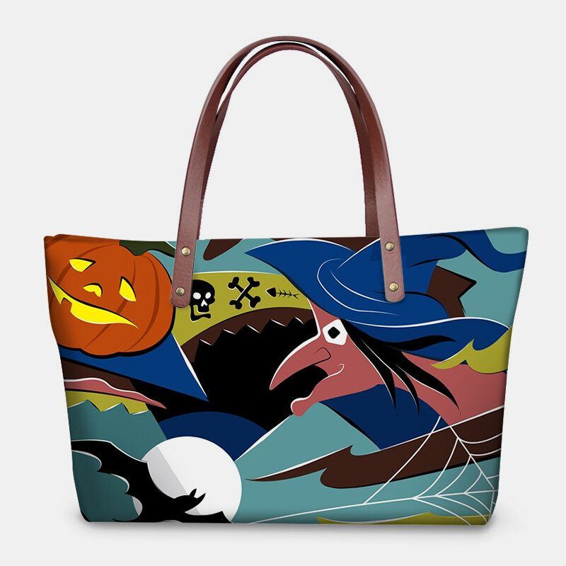 Damen Pu Leder Neopren Halloween Stil Kürbis Totenkopf Festival Muster Große Kapazität Mom Bag Student Bag Umhängetasche Handtasche