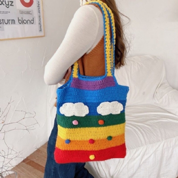 Damen Regenbogen Streifen Karikatur Nette Beiläufige Jugend Wollstricktasche Handtaschen Umhängetasche