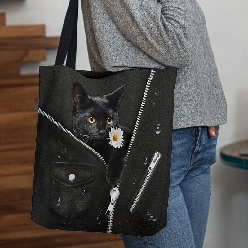 Damen Segeltuch Nette Dreidimensionale Schwarze Katze 3d Mit Blumen Muster Schulter Beutel Handtaschen Tote