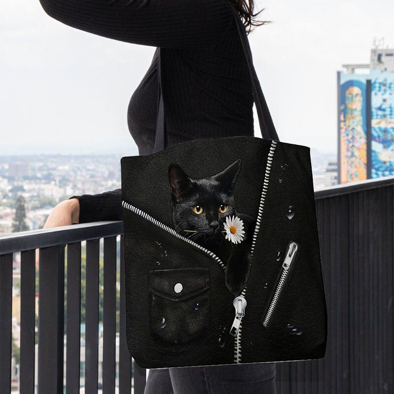 Damen Segeltuch Nette Dreidimensionale Schwarze Katze 3d Mit Blumen Muster Schulter Beutel Handtaschen Tote