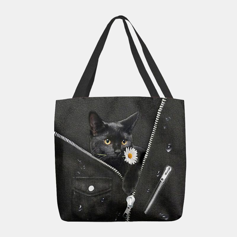 Damen Segeltuch Nette Dreidimensionale Schwarze Katze 3d Mit Blumen Muster Schulter Beutel Handtaschen Tote