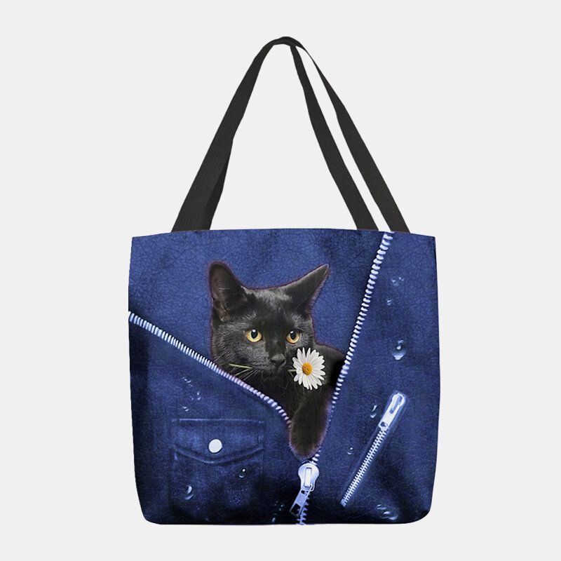 Damen Segeltuch Nette Dreidimensionale Schwarze Katze 3d Mit Blumen Muster Schulter Beutel Handtaschen Tote