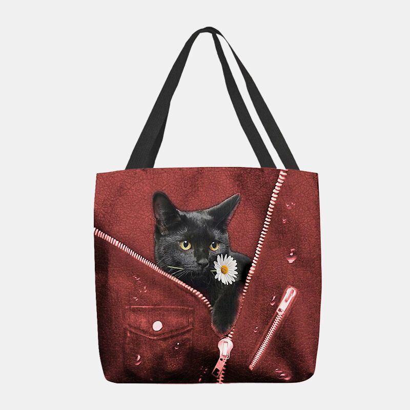 Damen Segeltuch Nette Dreidimensionale Schwarze Katze 3d Mit Blumen Muster Schulter Beutel Handtaschen Tote