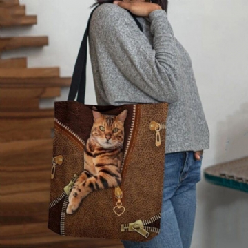 Damen Segeltuch Niedliche 3d Dreidimensionale Vision Katzen Muster Umhängetasche Handtaschen Tote