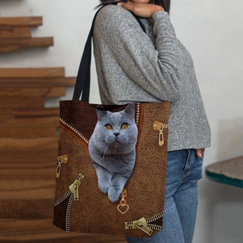 Damen Segeltuch Niedliches 3d Dreidimensionales Karikatur Katzen Muster Beiläufige Umhängetasche Handtaschen Tote