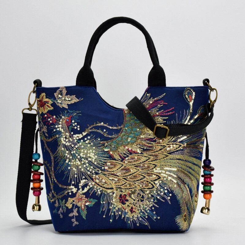 Damen Segeltuch Stickerei Pfau Muster Ethno Art Multi Carry Handtasche Umhängetasche Umhängetasche