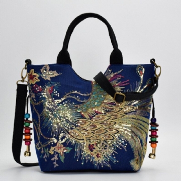 Damen Segeltuch Stickerei Pfau Muster Ethno Art Multi Carry Handtasche Umhängetasche Umhängetasche