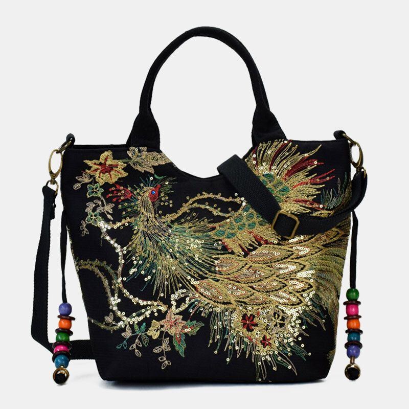 Damen Segeltuch Stickerei Pfau Muster Ethno Art Multi Carry Handtasche Umhängetasche Umhängetasche