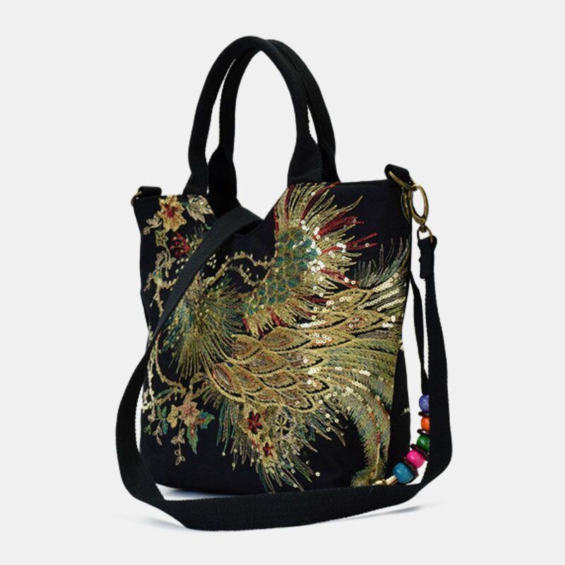 Damen Segeltuch Stickerei Pfau Muster Ethno Art Multi Carry Handtasche Umhängetasche Umhängetasche