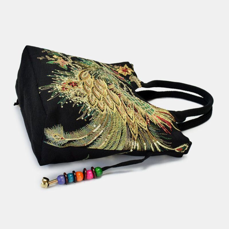 Damen Segeltuch Stickerei Pfau Muster Ethno Art Multi Carry Handtasche Umhängetasche Umhängetasche