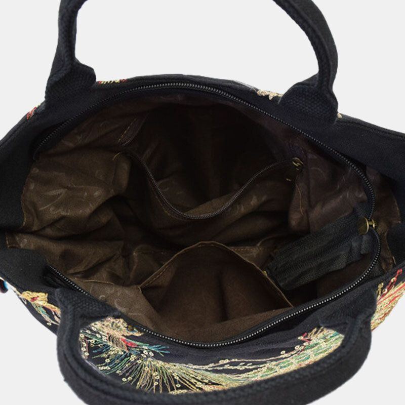 Damen Segeltuch Stickerei Pfau Muster Ethno Art Multi Carry Handtasche Umhängetasche Umhängetasche