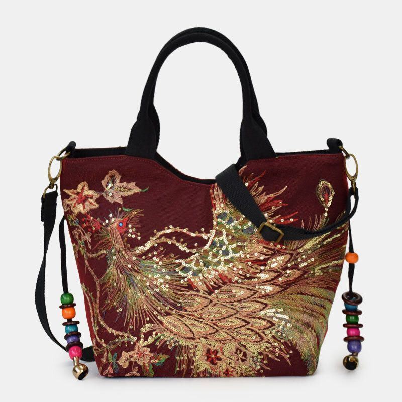 Damen Segeltuch Stickerei Pfau Muster Ethno Art Multi Carry Handtasche Umhängetasche Umhängetasche