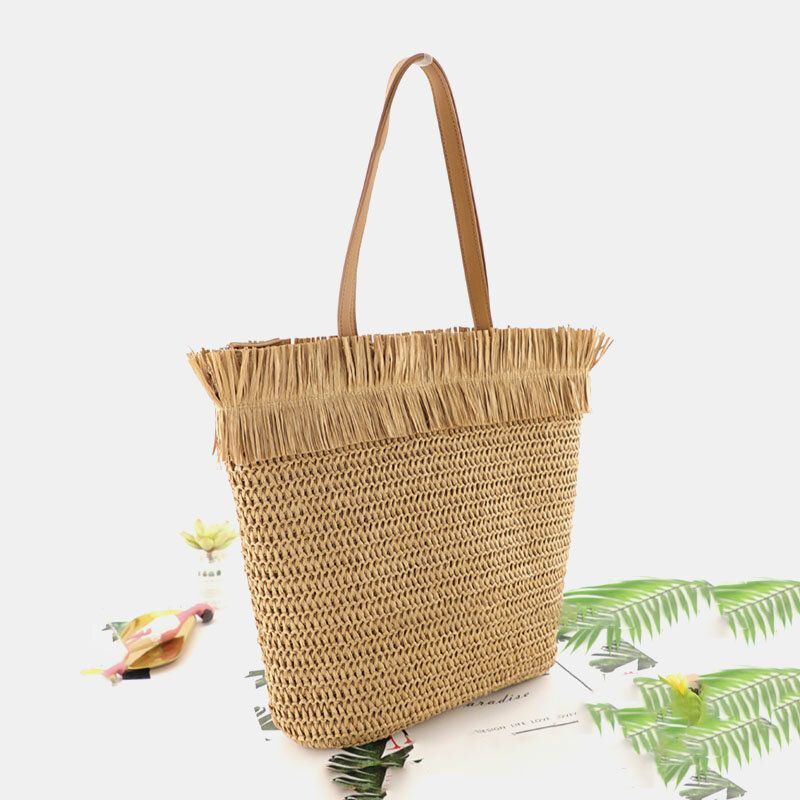 Damen Stroh Große Kapazität Casual Retro Atmungsaktive Strandtasche Handtasche Umhängetasche