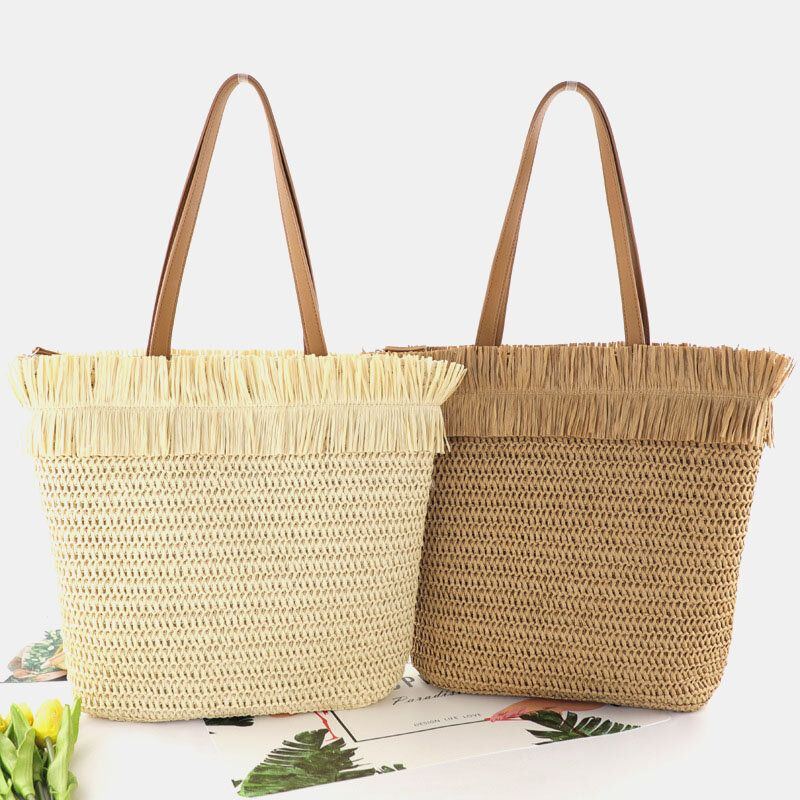 Damen Stroh Große Kapazität Casual Retro Atmungsaktive Strandtasche Handtasche Umhängetasche