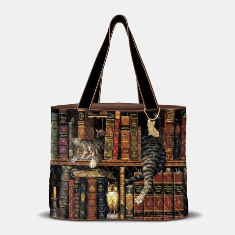 Damen Süße Nickerchen Katze Bücherregal Literarische Werke Muster Dekoration Umhängetasche Handtasche Tote