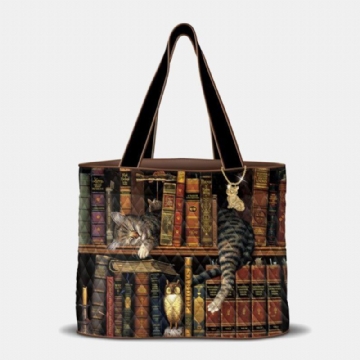 Damen Süße Nickerchen Katze Bücherregal Literarische Werke Muster Dekoration Umhängetasche Handtasche Tote