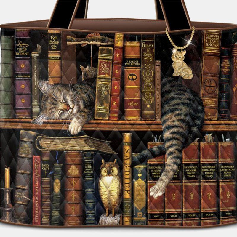 Damen Süße Nickerchen Katze Bücherregal Literarische Werke Muster Dekoration Umhängetasche Handtasche Tote