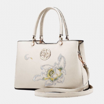 Damen Weinlese Chinesischer Stil Gardenia Blume Bestickte Handtasche Große Kapazität Multi Pocket Multi Carry Pu Leahter Crossbody Tasche