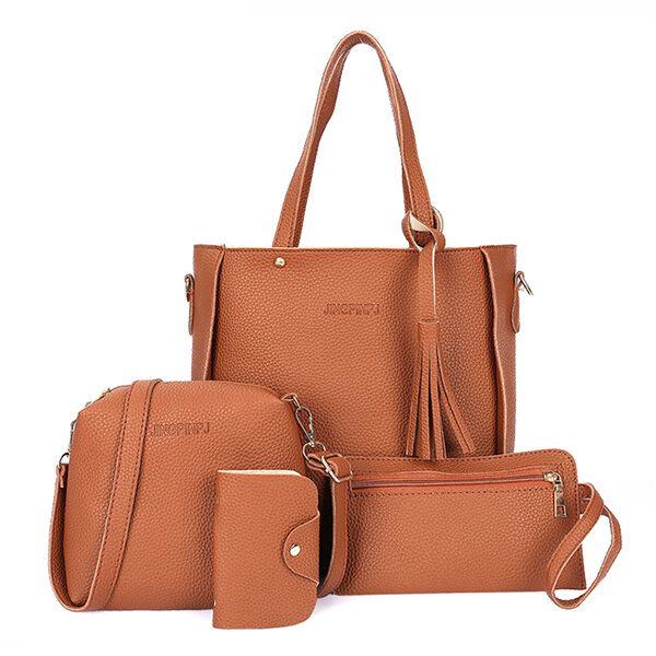 Herren 4 Stück Damen Pu Leder Handtasche Quaste Freizeit Umhängetasche Solide Umhängetasche