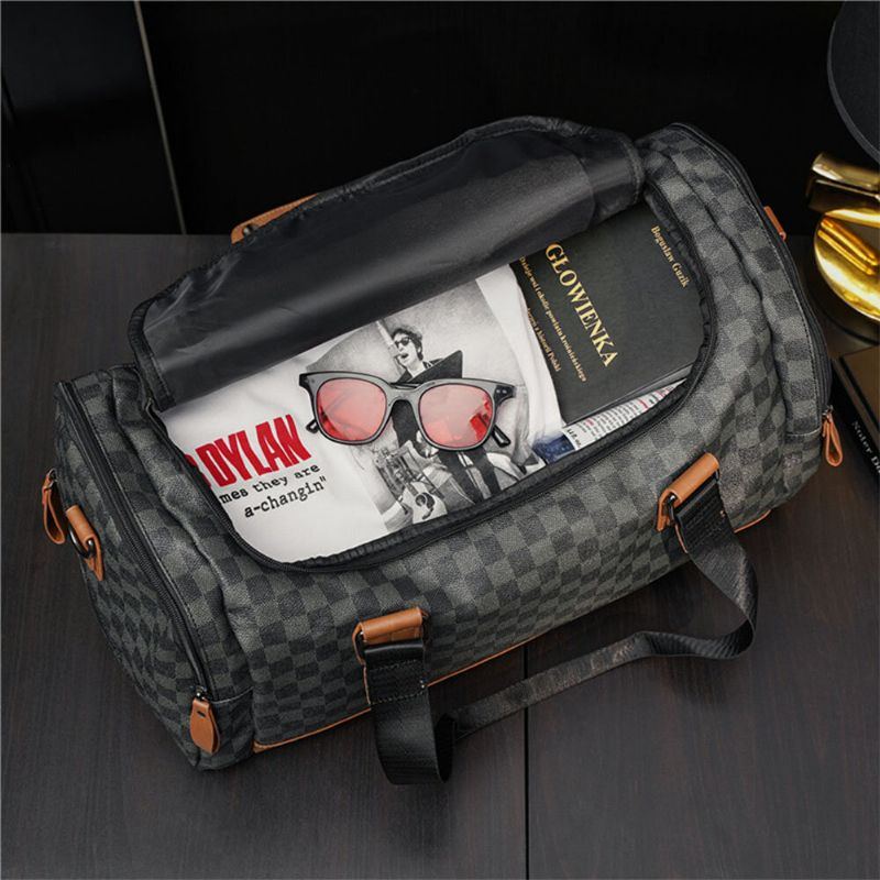 Herren Pu Leder Plaid Muster Multifunktionshandtasche Mode Multi Pocket Reisetasche Fitnesstasche Umhängetasche Umhängetasche