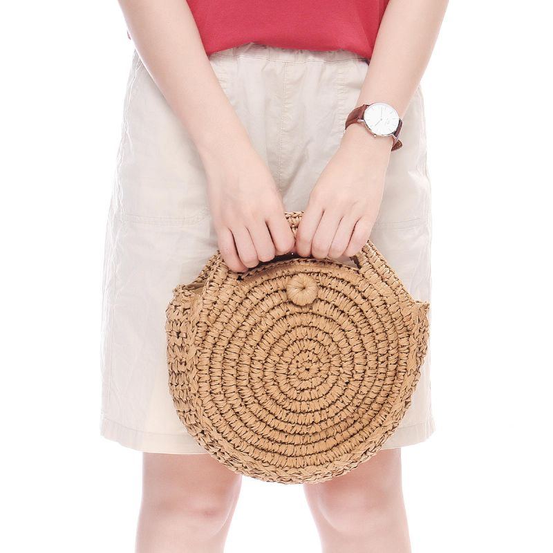 Runde Strohtasche Beige Weiß Damen Rattan Circle Handgewebte Umhängetasche Umhängetasche