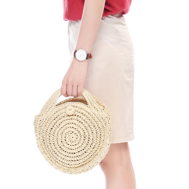 Runde Strohtasche Beige Weiß Damen Rattan Circle Handgewebte Umhängetasche Umhängetasche