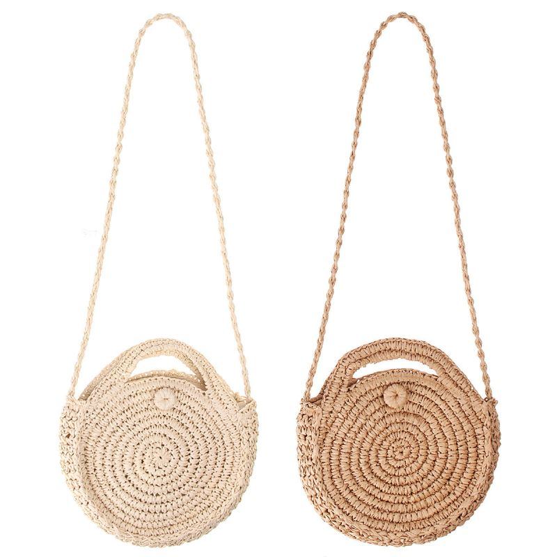 Runde Strohtasche Beige Weiß Damen Rattan Circle Handgewebte Umhängetasche Umhängetasche