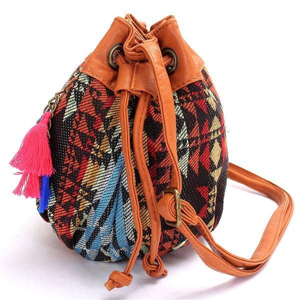 Damen Bohemia Canvas Bucket Bags Drawstring Umhängetaschen Umhängetaschen