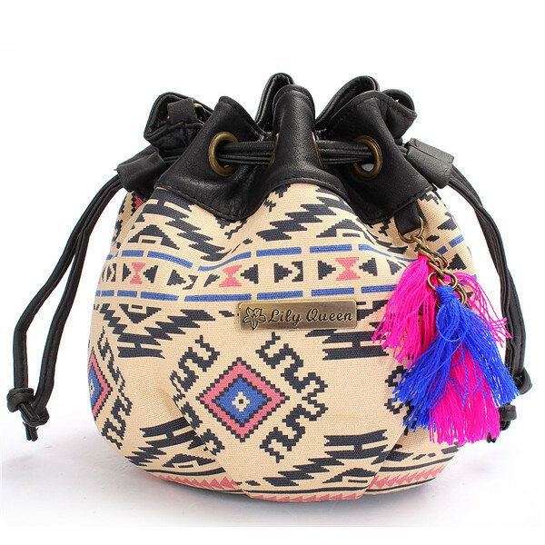 Damen Bohemia Canvas Bucket Bags Drawstring Umhängetaschen Umhängetaschen