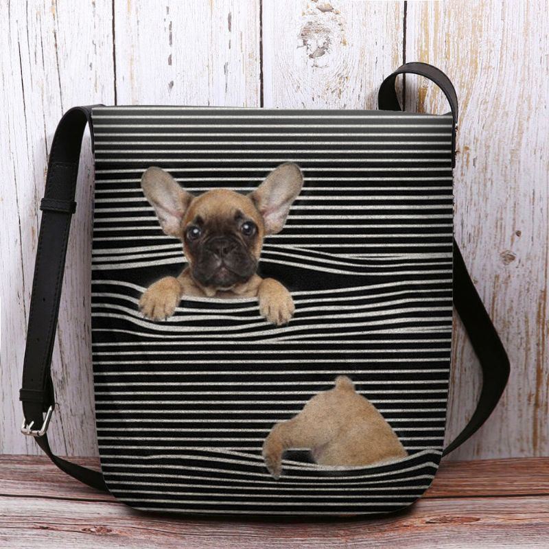 Damen Filz Casual Stripe Cute 3d Dog Druckmuster Umhängetasche Umhängetasche