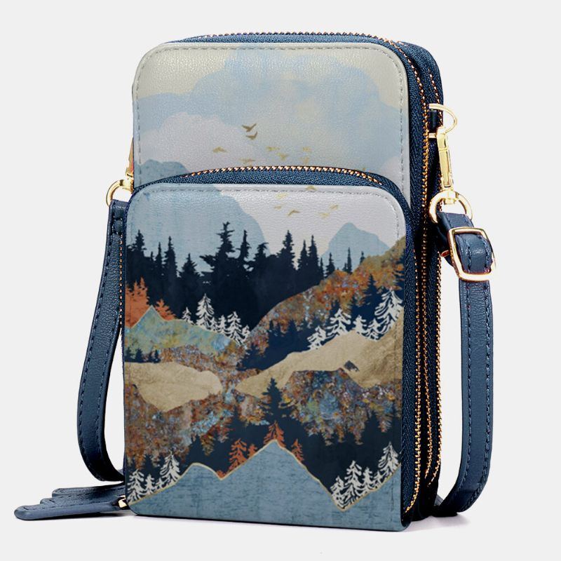 Damen Kunstleder Damen Mountain Treetop Print Tasche 6.3 Zoll Handytasche Umhängetasche