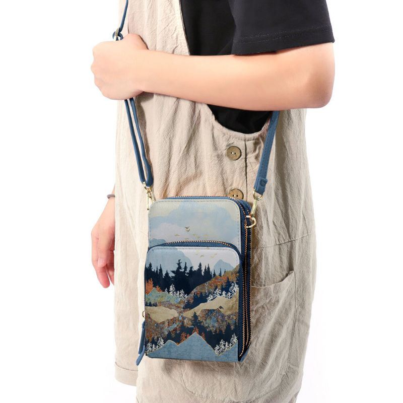 Damen Kunstleder Damen Mountain Treetop Print Tasche 6.3 Zoll Handytasche Umhängetasche