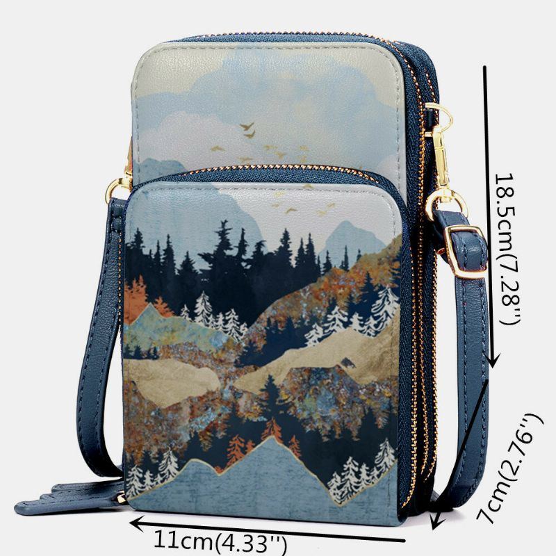 Damen Kunstleder Damen Mountain Treetop Print Tasche 6.3 Zoll Handytasche Umhängetasche