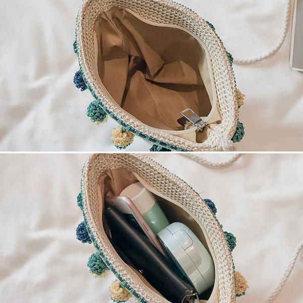 Damen Stroh Quaste Freizeit Reißverschluss Bucket Bag Umhängetasche