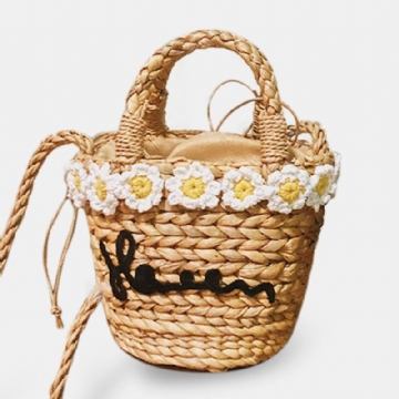 Damen Travel Daisy Beach Weave Straw Crossbody Bag Bucket Bag