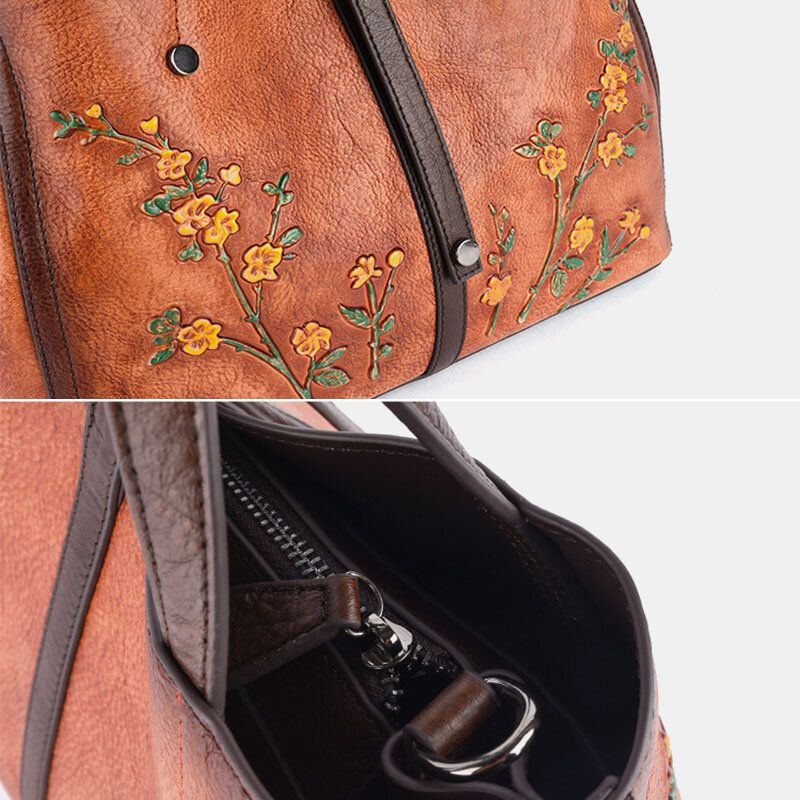 Damen Umhängetaschen Aus Pflanzlich Gegerbtem Leder Mit Blumenmuster Retro Umhängetasche Aus Echtem Leder Mit Großem Fassungsvermögen